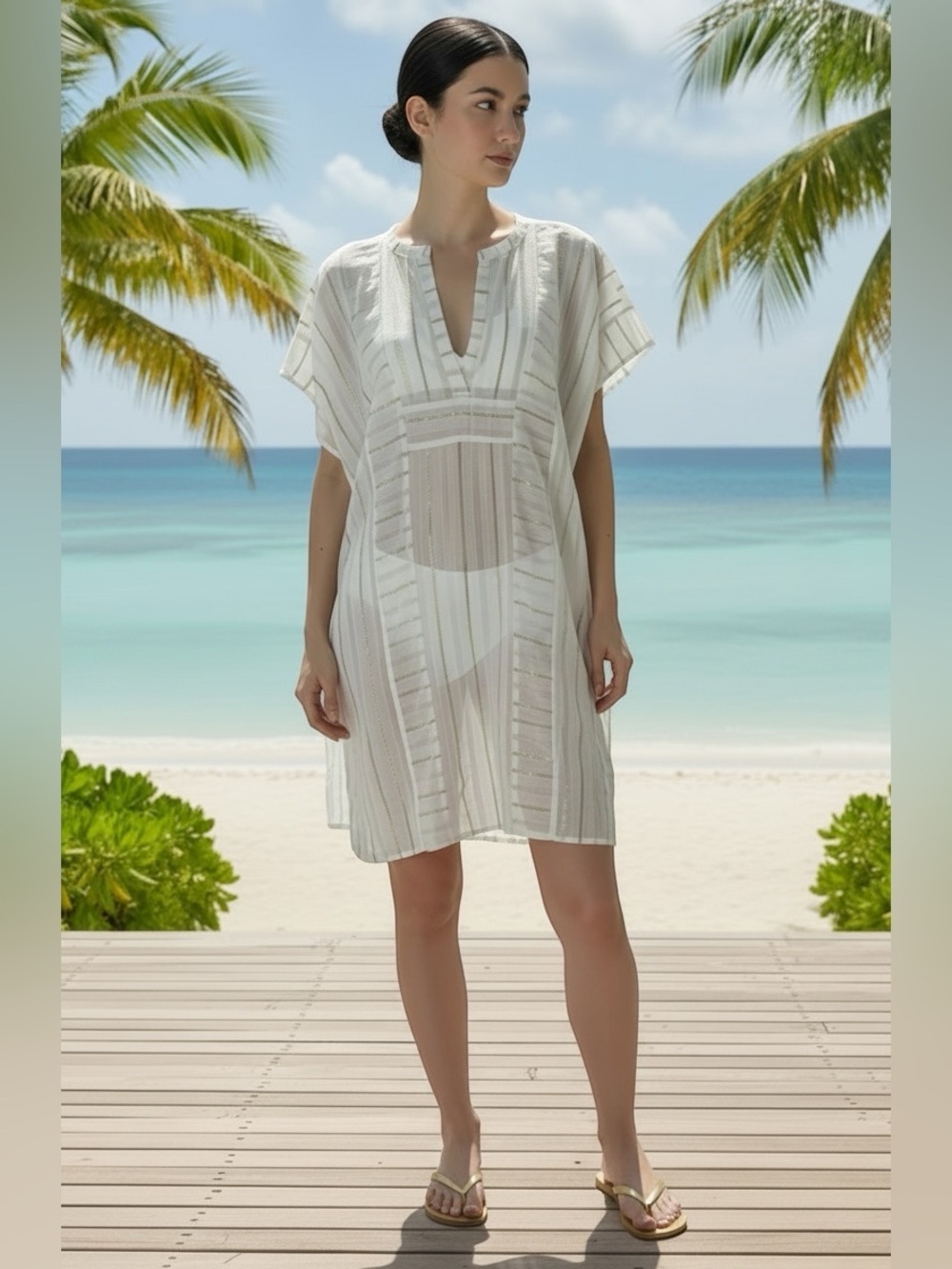 Helen Jon Kaftan Caftan Swim Cover-up USA Resort Cruisewear White Gold Sz XS S